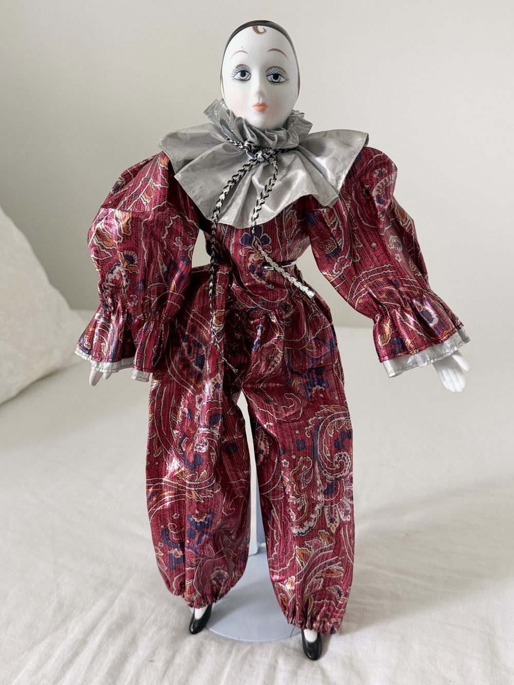 1980s Vintage Pierrot Harlequin Porcelain Clown Doll